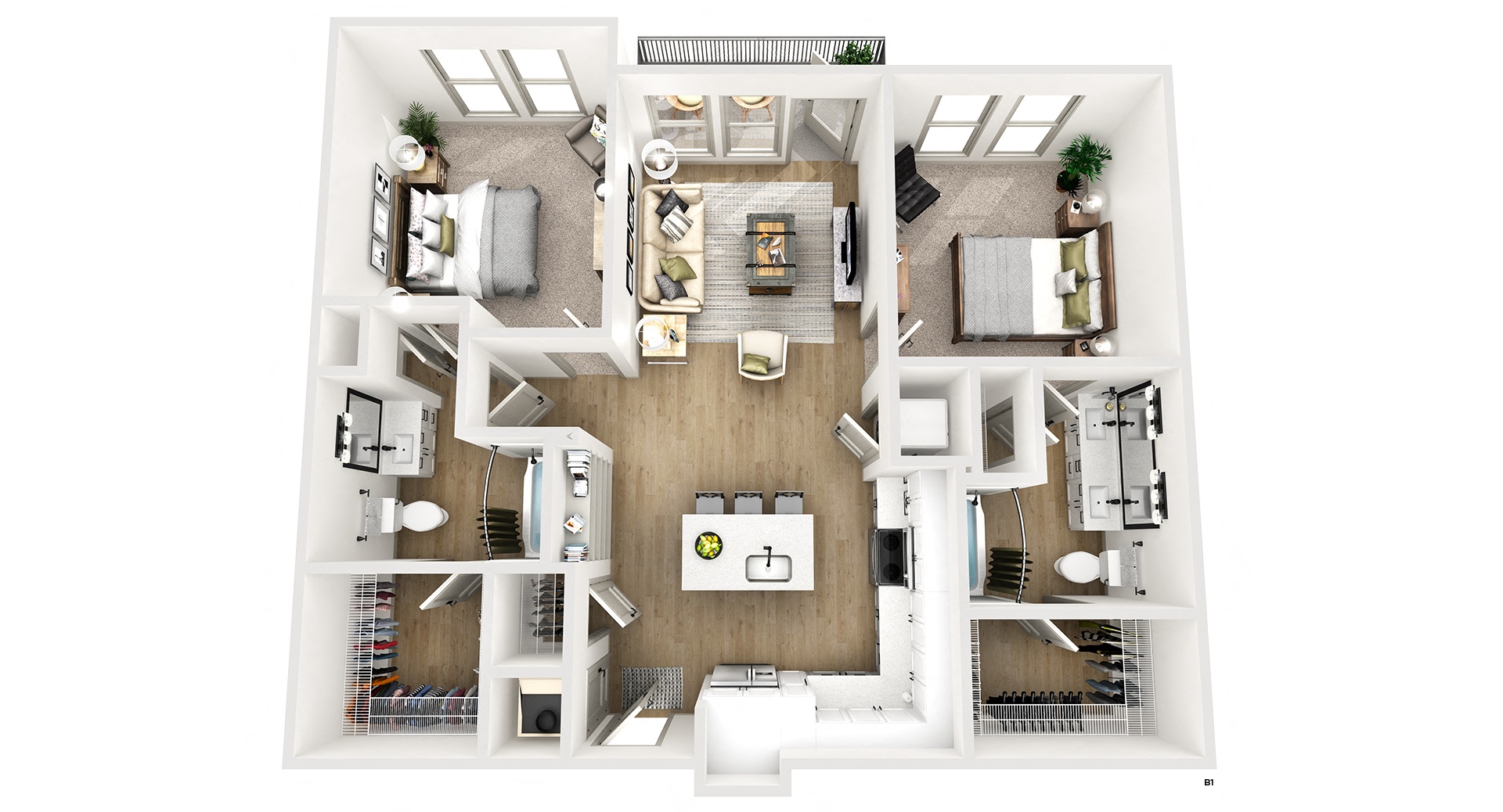 Floor plan for 2 beds, 2 baths, 1072 sqft